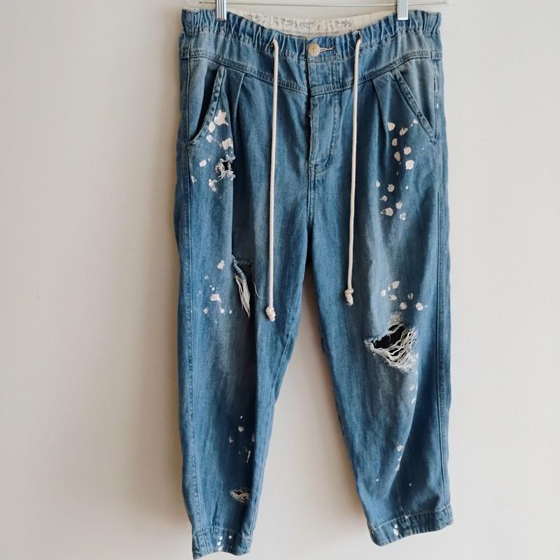 Free People Mixed Up Distress Boho Utility Denim Jean Paint Splash Baggy SMALL