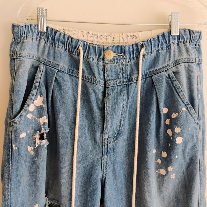 Free People Mixed Up Distress Boho Utility Denim Jean Paint Splash Baggy SMALL
