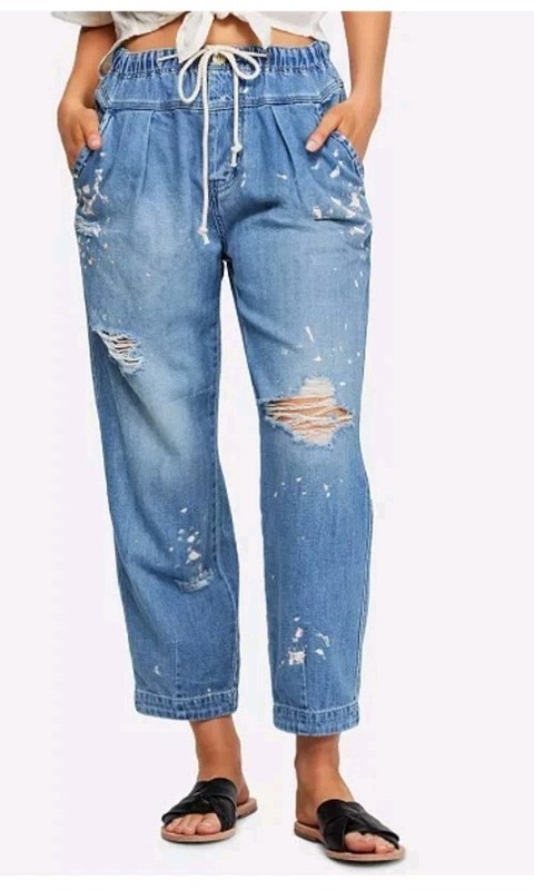 Free People Mixed Up Distress Boho Utility Denim Jean Paint Splash Baggy SMALL