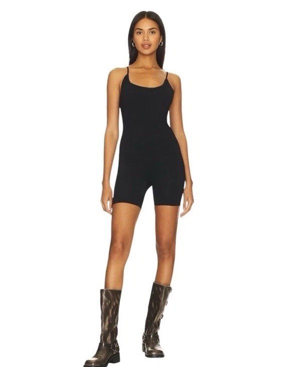 Free People One To Watch Romper Size Medium Black Ribbed Knit Scoop Neck