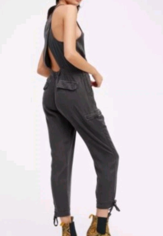 Free People Roaring Rayon Utilitarian Jumpsuit Sz 2 Black/Gray