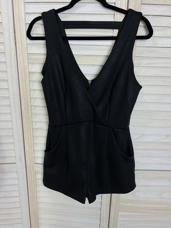 Free People Romper Moonlight Black Shorts Pockets Low Front & Back Zip Size S