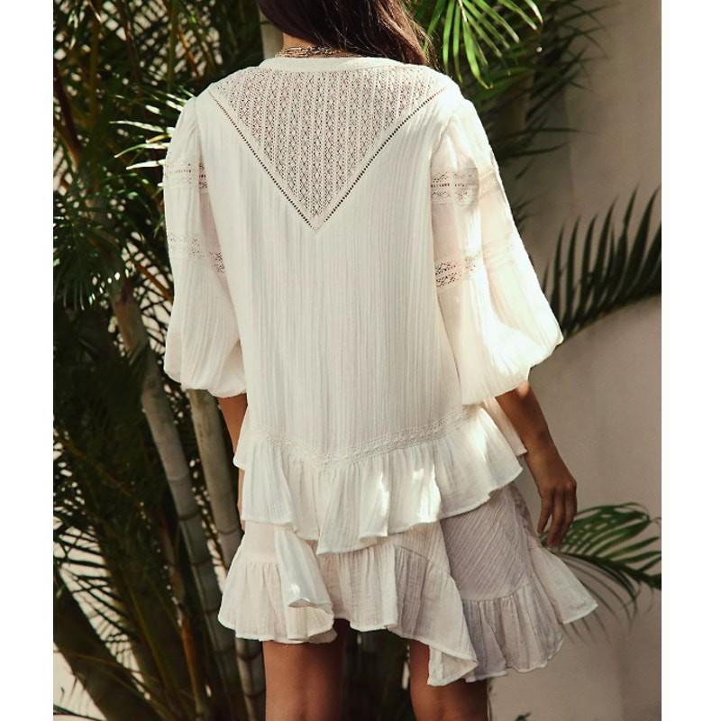 Free People Sachi Tiered Ruffle Boho Cotton Long Sleeve Mini Dress NEW Small
