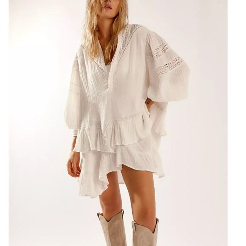 Free People Sachi Tiered Ruffle Boho Cotton Long Sleeve Mini Dress NEW Small