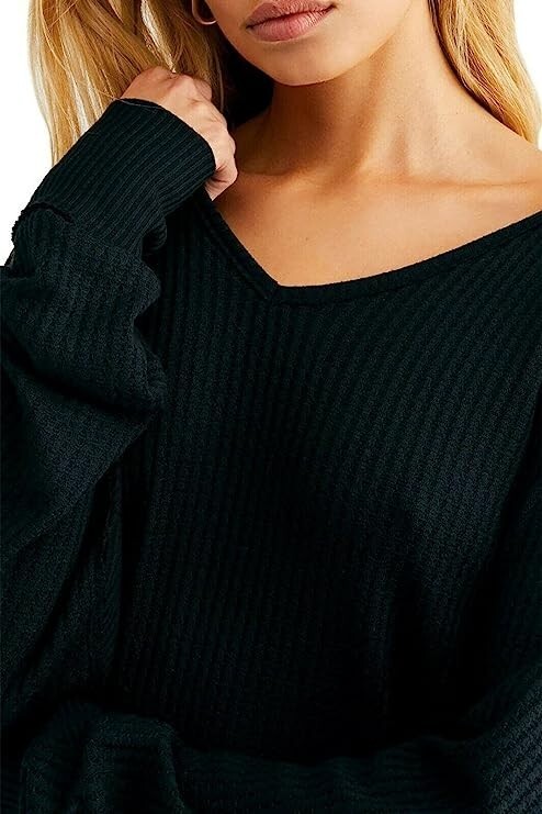 Free People Santa Clara Thermal Long Sleeve V Neck Black Waffle Knit Medium Top