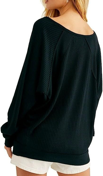 Free People Santa Clara Thermal Long Sleeve V Neck Black Waffle Knit Medium Top