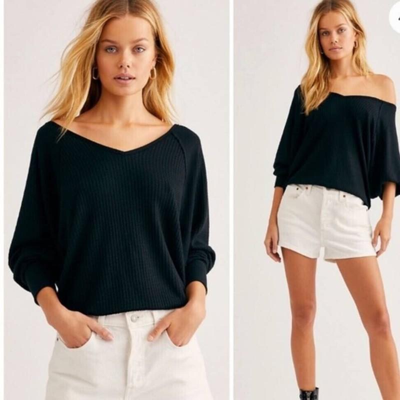 Free People Santa Clara Thermal Long Sleeve V Neck Black Waffle Knit Medium Top