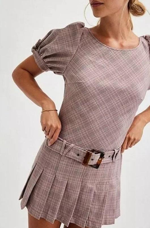 Free People Sevi Plaid Mini Dress Puff Sleeve Grey And Pink Combo Size XS NWOT
