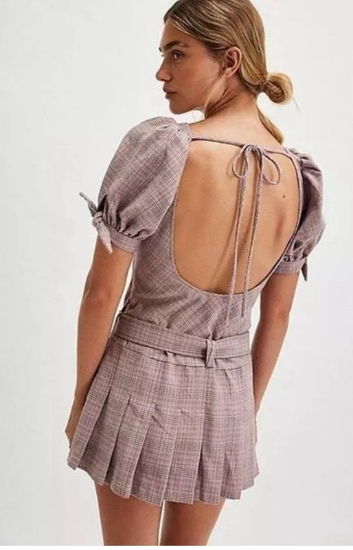 Free People Sevi Plaid Mini Dress Puff Sleeve Grey And Pink Combo Size XS NWOT
