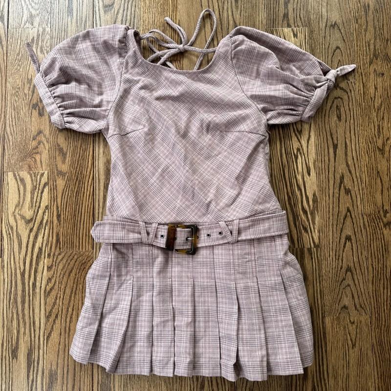 Free People Sevi Plaid Mini Dress Puff Sleeve Grey And Pink Combo Size XS NWOT