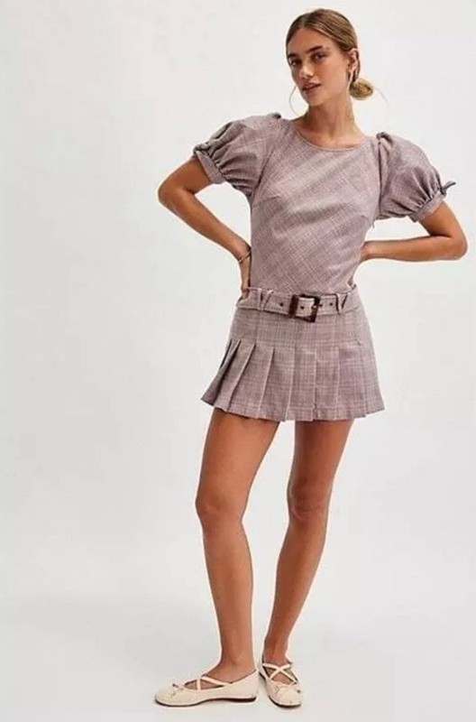 Free People Sevi Plaid Mini Dress Puff Sleeve Grey and Pink Combo Size XS NWOT