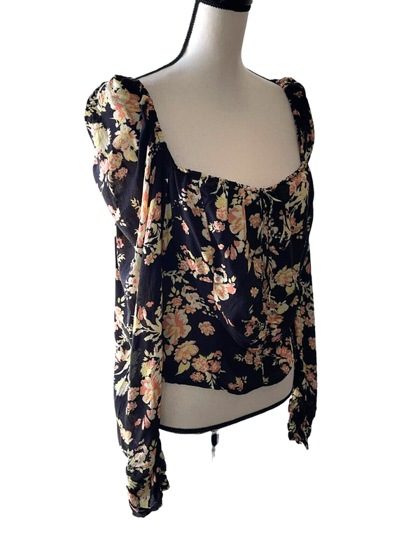 Free People Size L Hilary Printed Keyhole Top Black Floral Boho Smocked - New