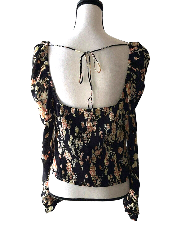 Free People Size L Hilary Printed Keyhole Top Black Floral Boho Smocked - New