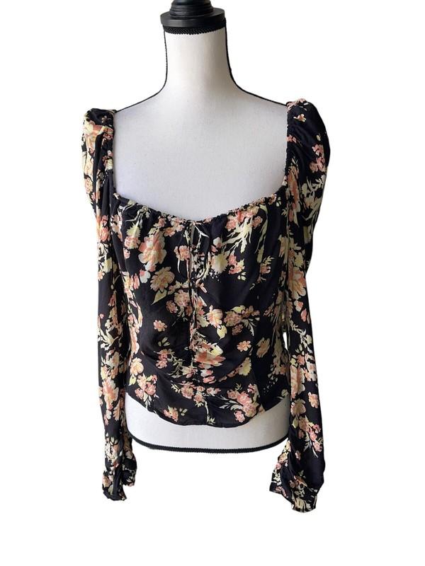 Free People Size L Hilary Printed Keyhole Top Black Floral Boho Smocked - New