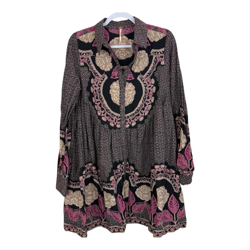 Free People Smell The Roses Mini Dress Size Small Black Combo Long Sleeves