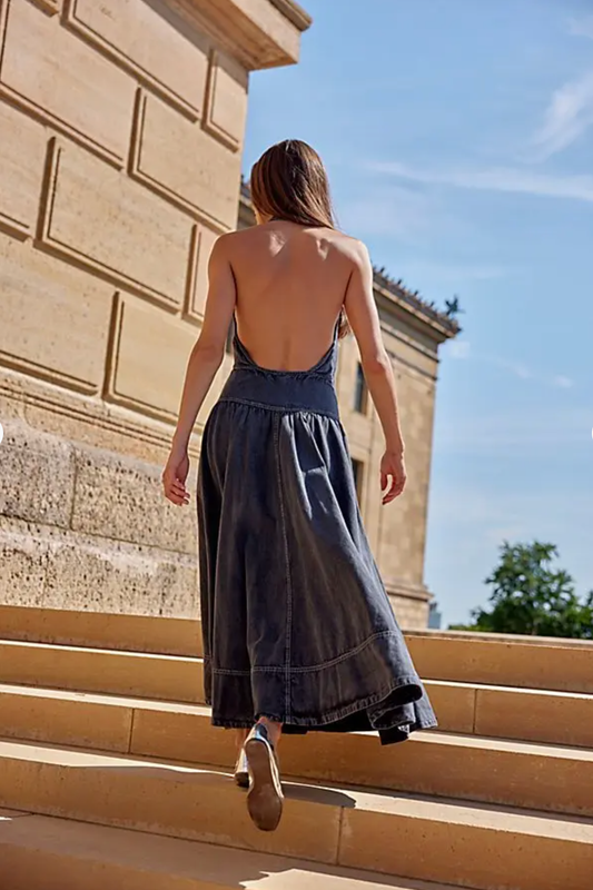 Free People Soundwave Denim Black Maxi Twirl Button Low Back Dress ~ M