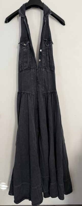 Free People Soundwave Denim Black Maxi Twirl Button Low Back Dress ~ M