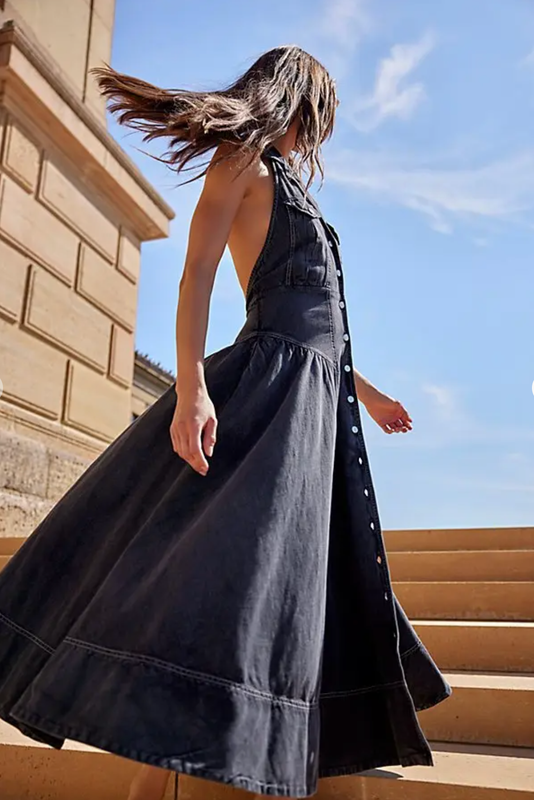 Free People Soundwave Denim Black Maxi Twirl Button Low Back Dress ~ M