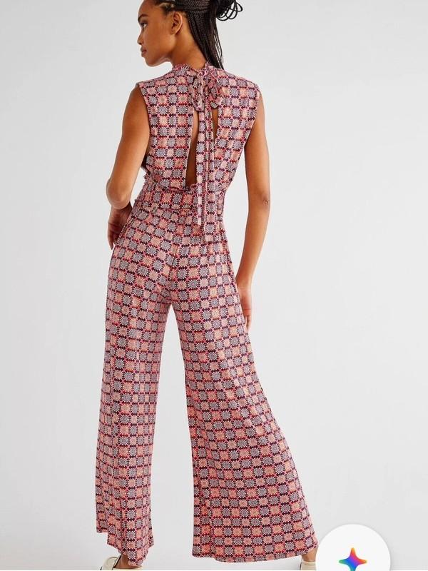 FREE PEOPLE VIBE CHECK ONE PIECE JUMPSUIT WIDE LEG PRINTED JUMPER Size XL EUC