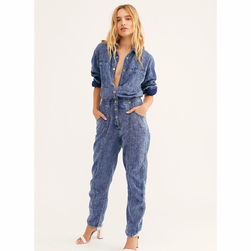 Free People We The Ari Denim Jumpsuit Stripe Coverall Boiler Suit Size Medium