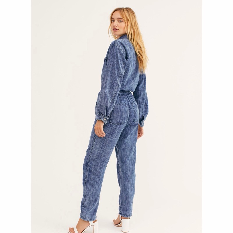Free People We The Ari Denim Jumpsuit Stripe Coverall Boiler Suit Size Medium