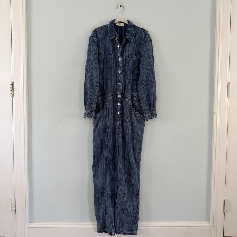 Free People We The Ari Denim Jumpsuit Stripe Coverall Boiler Suit Size Medium