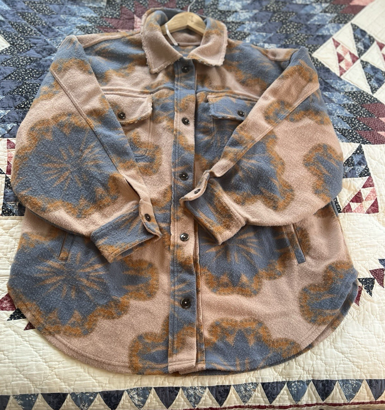Free People Women’s Large L Jacquard Ruby Distressed Fleece Shacket Sedona Combo