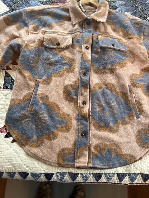 Free People Women’s Large L Jacquard Ruby Distressed Fleece Shacket Sedona Combo
