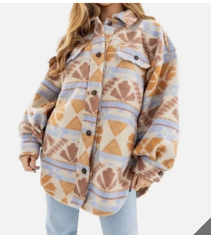 Free People Women’s Large L Jacquard Ruby Distressed Fleece Shacket Sedona Combo