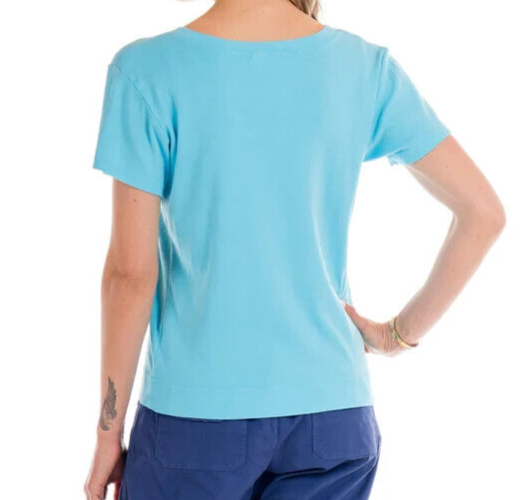 FRESH PRODUCE Large BLUE FIN $56 HERITAGE Cotton Fem Logo V Neck Top NWT New L