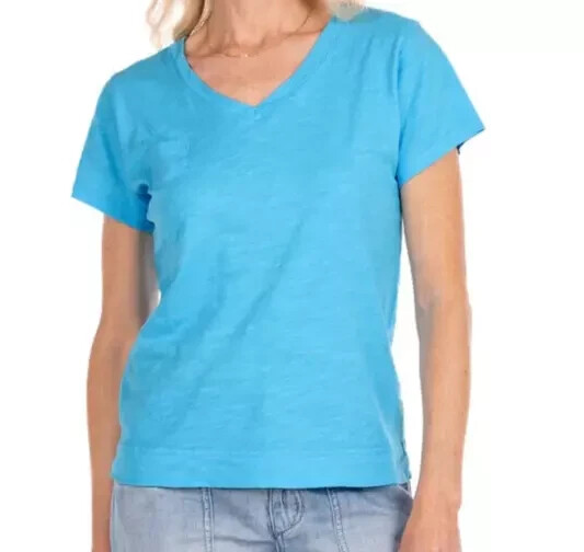 FRESH PRODUCE Large BLUE FIN $56 HERITAGE Cotton Fem Logo V Neck Top NWT New L