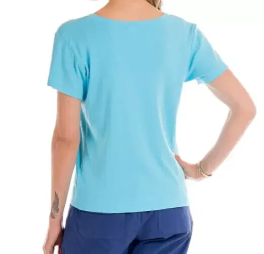 FRESH PRODUCE Large BLUE FIN $56 HERITAGE Cotton Fem Logo V Neck Top NWT New L