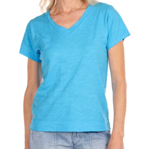FRESH PRODUCE Large BLUE FIN $56 HERITAGE Cotton Fem Logo V Neck Top NWT New L