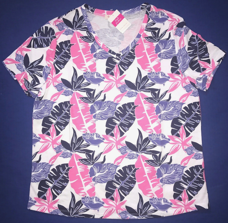 Fresh Produce Medium White Exotic Blooms Floral V Neck Tee Top M