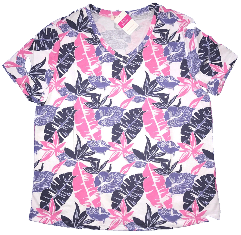Fresh Produce Medium White Exotic Blooms Floral V Neck Tee Top M