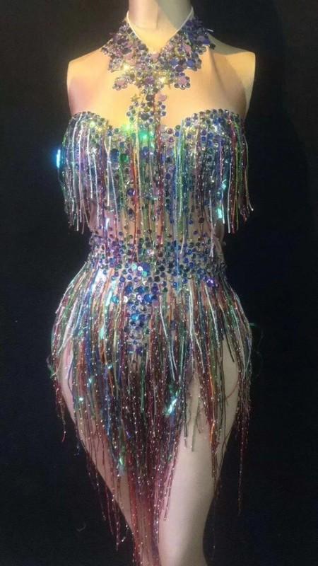 Fringes Rhinestones Bodysuit GogoDancer Costume Sleeveless Jumpsuit Nightclu