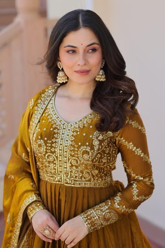 Function Wear Mehendi Green Fendy Gown With Beautiful Dupatta For Women