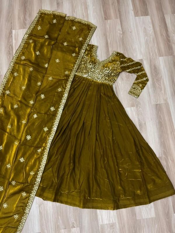 Function Wear Mehendi Green Fendy Gown With Beautiful Dupatta For Women