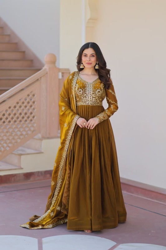 Function Wear Mehendi Green Fendy Gown With Beautiful Dupatta For Women