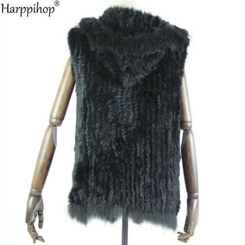Fur New Natural Fur Vest Rabbit Fur Knitted Gilet With Fur Hooded Coat Jackets