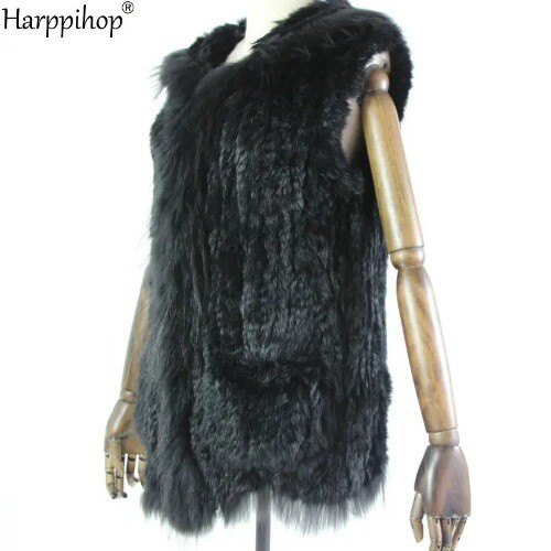 Fur New Natural Fur Vest Rabbit Fur Knitted Gilet With Fur Hooded Coat Jackets