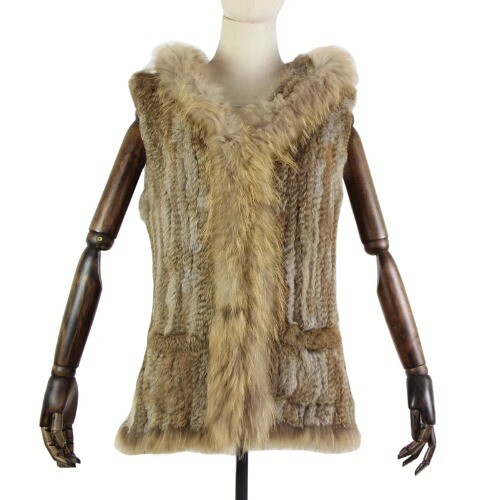 Fur New Natural Fur Vest Rabbit Fur Knitted Gilet with Fur Hooded Coat Jackets