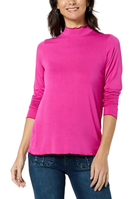 G by Giuliana Women's Lettuce-Edged Mock Neck Top Pink