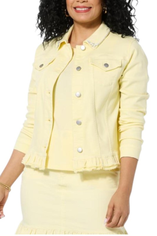 G by Giuliana Women's Ruffle Bottom Denim Jacket Butter Yellow