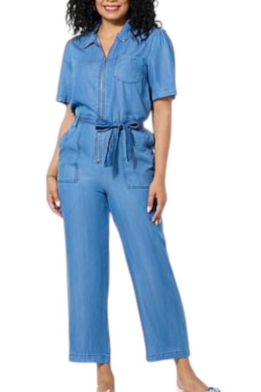 G by Giuliana Women's Woven Tencel Wide Leg Jumpsuit Medium Wash