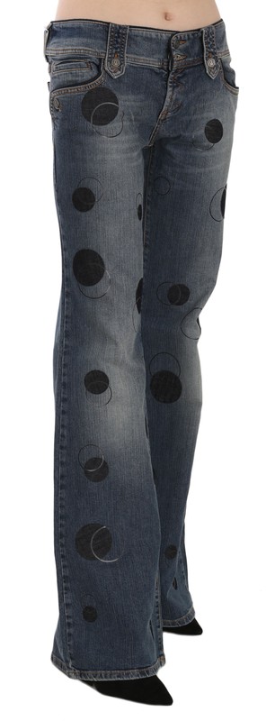 GALLIANO Jeans Blue Black Polka Dot Mid Waist Wide Leg Bootcut S. W24 RRP $500