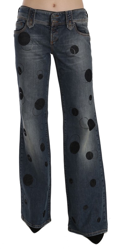 GALLIANO Jeans Blue Black Polka Dot Mid Waist Wide Leg Bootcut s. W24 RRP $500