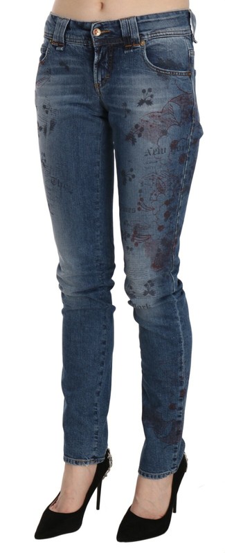 GALLIANO Jeans Blue Floral Print Low Waist Skinny Denim Pants S. W26 RRP $350