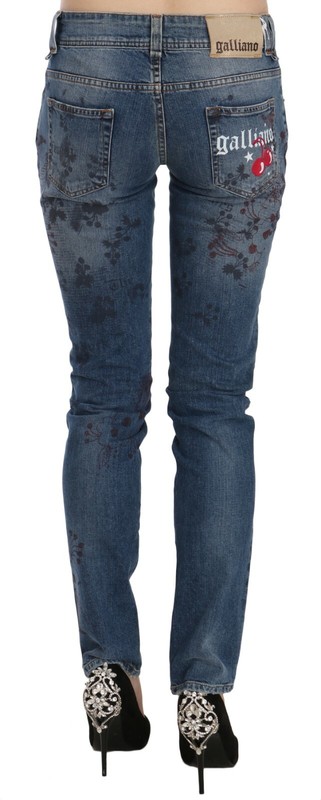 GALLIANO Jeans Blue Floral Print Low Waist Skinny Denim Pants S. W26 RRP $350