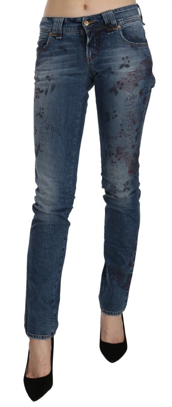 GALLIANO Jeans Blue Floral Print Low Waist Skinny Denim Pants s. W26 RRP $350